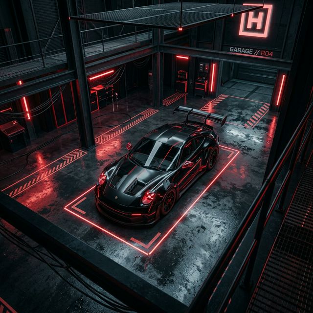 Sport car in neon garage